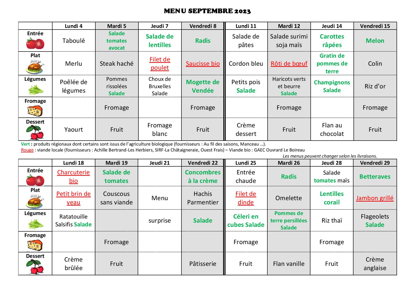 Menus de la cantine – Ecole Ardelay