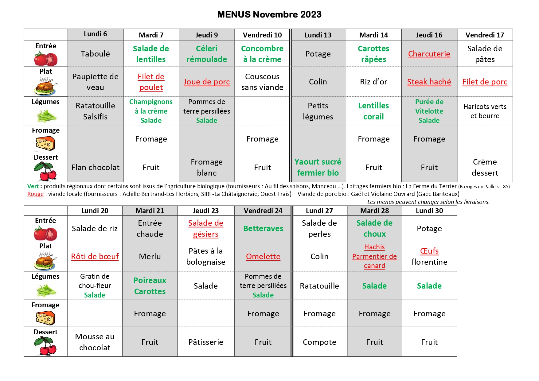 Menus de la cantine – Ecole Ardelay